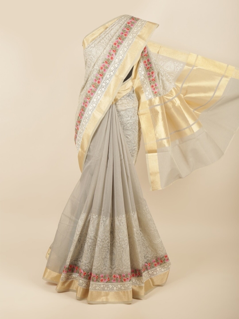 

Pothys Grey & Gold-Toned Floral Zari Saree