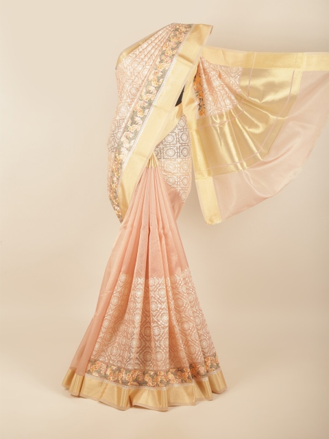 

Pothys Peach-Coloured & White Floral Zari Saree