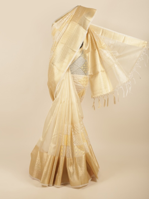 

Pothys Cream-Coloured & Gold-Toned Floral Embroidered Zari Saree