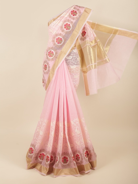 

Pothys Pink & Gold-Toned Floral Embroidered Zari Saree