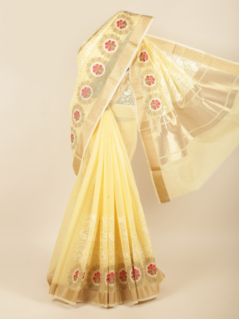 

Pothys Yellow & Magenta Floral Embroidered Zari Saree