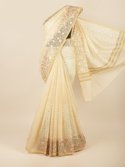 

Pothys Cream-Coloured & Pink Floral Embroidered Saree