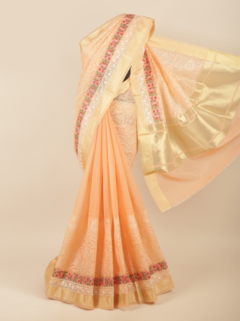 

Pothys Peach-Coloured & Gold-Toned Floral Embroidered Zari Saree