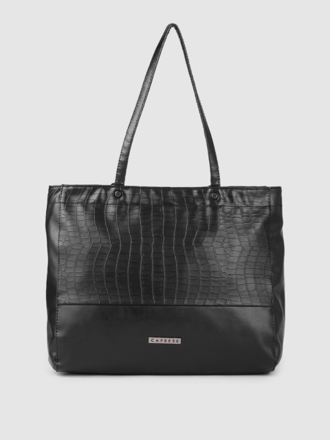 

Caprese Black Solid Leather Regular Structured Shoulder Bag with Animal Textured Detail