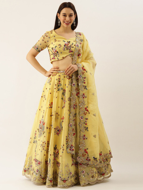 

Panchhi Women Yellow Embroidered Semi Stitched Pure Orgenza Lehenga & Blouse With Dupatta