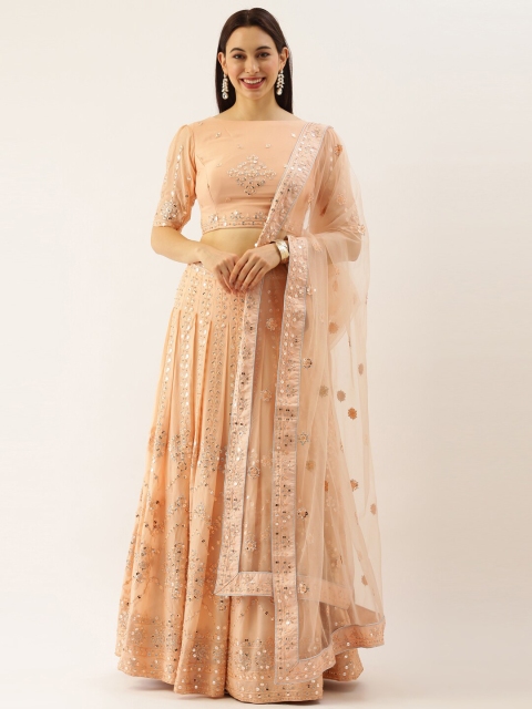 

panchhi Women Peach & Silver Semi-Stitched Lehenga & Unstitched Blouse with Dupatta