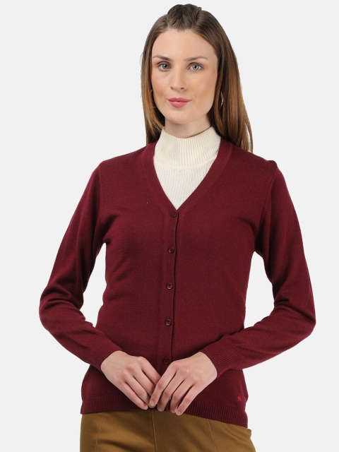 

Monte Carlo Women Maroon Cotton Blend Solid Cardigan
