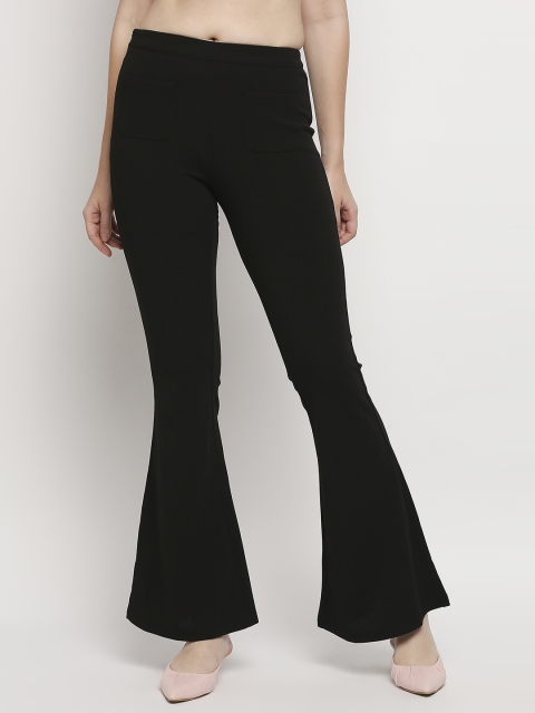 

LYKKEIN Women Black Wrinkle Free Patch Pocket Front Flared Bootcut Trousers