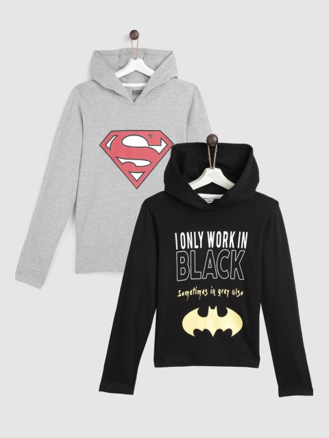 

YK Justice League Boys Pack Of 2 Superman & Batman Printed Cotton Hooded Tshirts, Grey melange