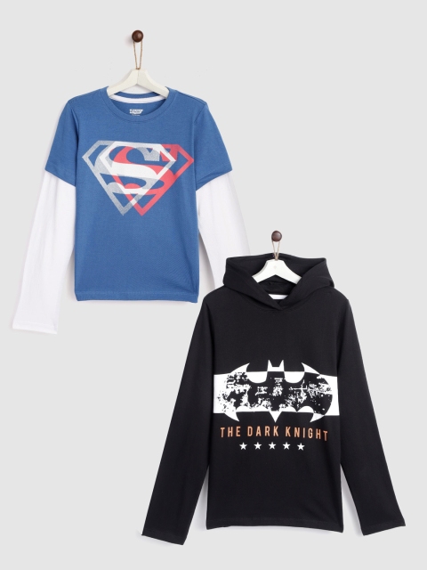 

YK Justice League Boys Pack Of 2 Batman & Superman Printed Cotton Tshirts, Black