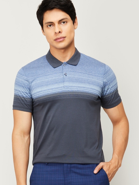 

CODE by Lifestyle Men Blue Striped Polo Collar Pockets T-shirt