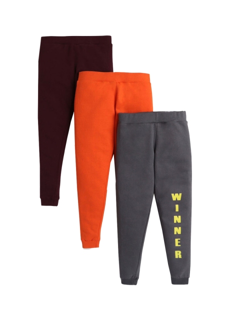 

Hopscotch Boys Pack Of 3 Grey & Orange Solid Pure Cotton Joggers, Brown