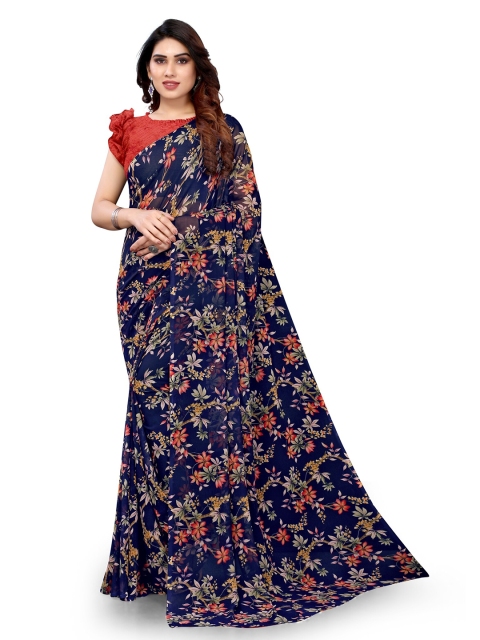 

KALINI Navy Blue & Red Floral Printed Poly Georgette Bagh Saree