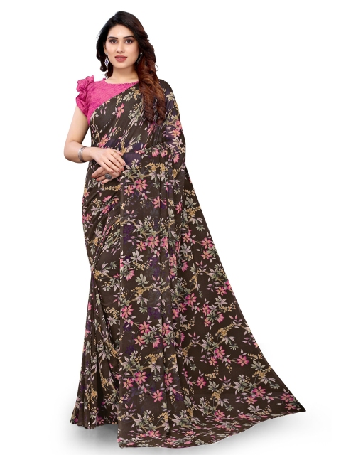 

KALINI Coffee Brown & Pink Floral Bagh Faux Georgette Saree