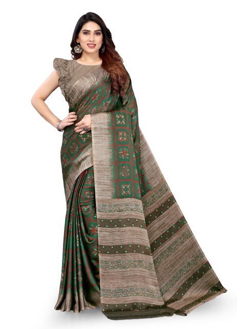 

KALINI Green & Beige Floral Printed Poly Chiffon Saree