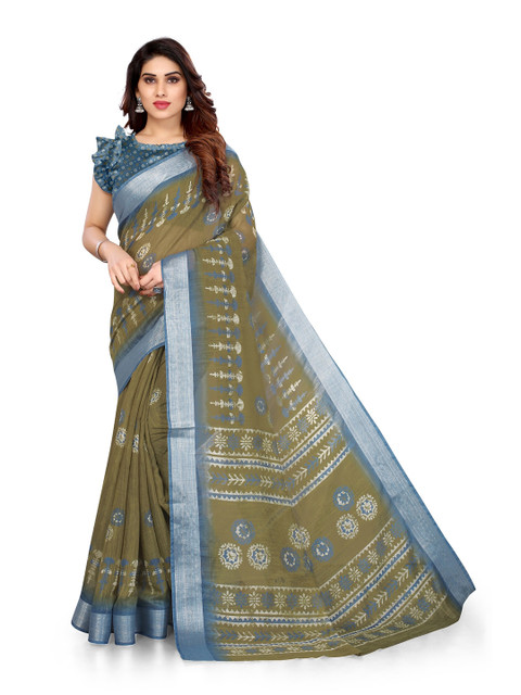 

KALINI Green & Blue Ethnic Motifs Cotton Zari Saree