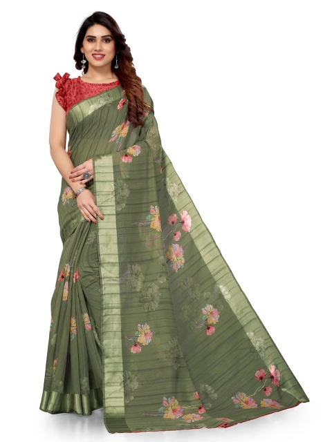 

KALINI Green & Pink Floral Bagh Cotton Saree