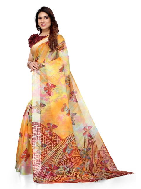 

KALINI Orange & Yellow Butterfly Printed Cotton Saree