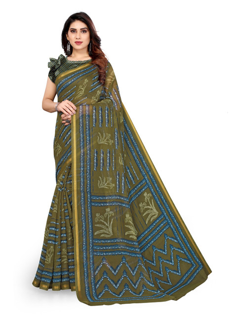 

KALINI Green & Turquoise Blue Floral Printed Bagh Saree