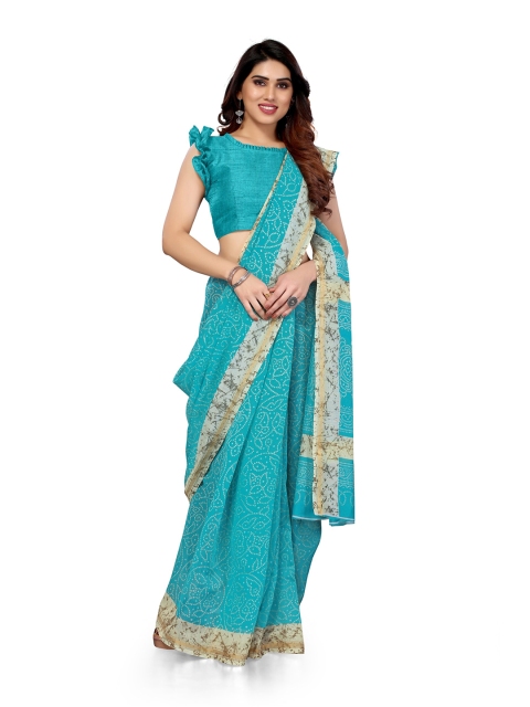 

KALINI Turquoise Blue & White Polycotton Bandhani Saree