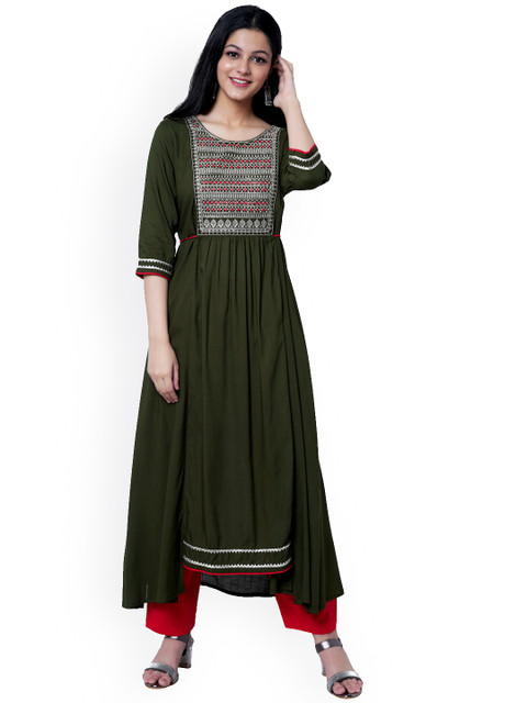 

KALINI Women Green & Silver-Toned Yoke Design Anarkali Kurta