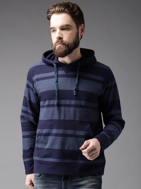 

Moda Rapido Navy Striped Hooded Sweatshirt, Navy blue