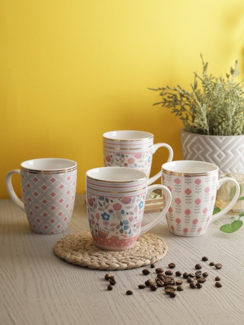 

House Of Accessories Set of 4 Pink & White Floral Printed Ceramic Glossy Mugs