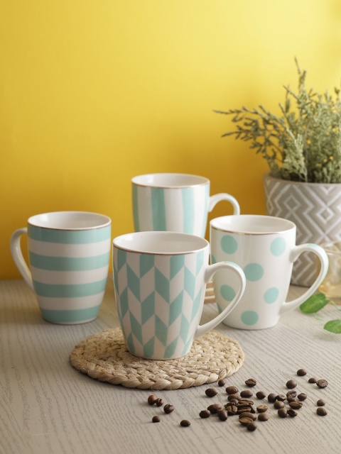 

House Of Accessories Set of 4 Sea Green & White Geometric Printed Ceramic Glossy Mugs