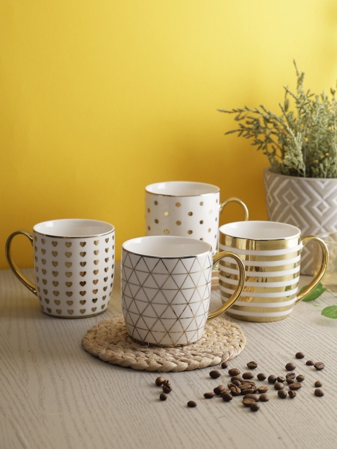 

House Of Accessories Set-4 Gold-Toned & White Geometric Printed Ceramic Glossy Cups& Mugs