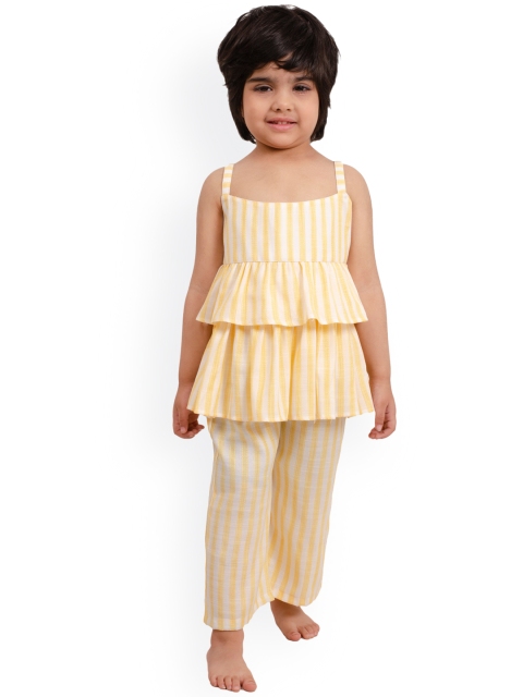 

Muffin Shuffin Girls Yellow Sleeveless Striped Peplum and Frilled Top and Pants