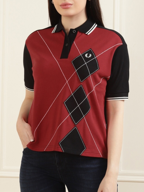 

Fred Perry Women Black & Red Printed Polo Collar Pure Cotton T-shirt