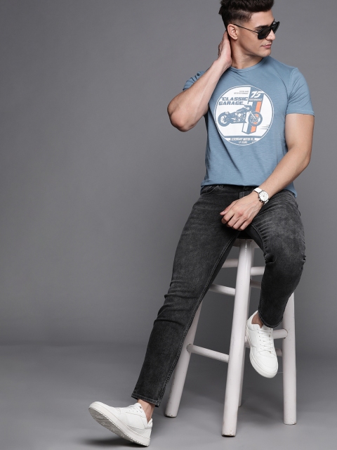 

Louis Philippe Jeans Men Blue & White Pure Cotton Biker Printed T-shirt