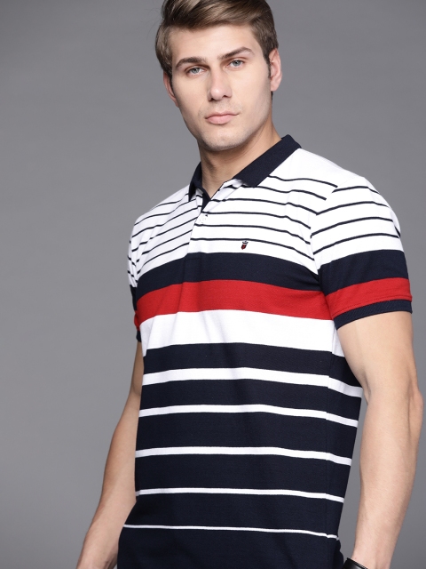 

Louis Philippe Sport Men White & Navy Blue Striped Polo Collar Slim Fit T-shirt