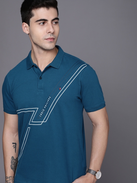 

Louis Philippe Sport Men Teal & White Brand Logo Printed Polo Collar Slim Fit T-shirt