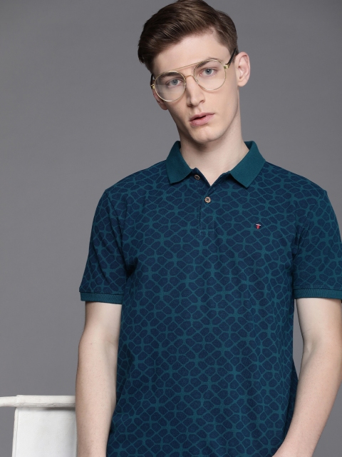 

Louis Philippe Jeans Men Teal & Navy Blue Printed Polo Collar Pure Cotton Slim Fit T-shirt