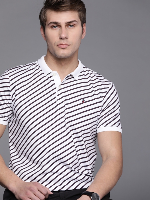 

Louis Philippe Sport Men White & Navy Blue Striped Polo Collar Slim Fit T-shirt