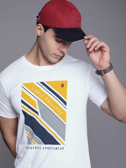 

Louis Philippe Sport Men White & Yellow Brand Logo Printed Slim Fit T-shirt