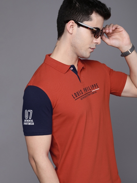 

Louis Philippe Sport Men Orange & Navy Blue Brand Logo Printed Polo Collar Slim Fit T-shirt