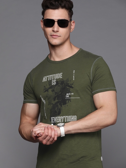 

Louis Philippe Jeans Men Olive Green & White Pure Cotton Biker Printed T-shirt
