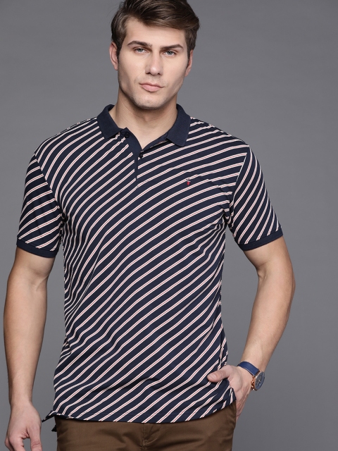 

Louis Philippe Sport Men Navy Blue & Off White Striped Polo Collar Slim Fit T-shirt