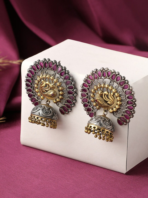 

VIRAASI Pink Dual-Toned Peacock Design Contemporary Jhumkas Earrings