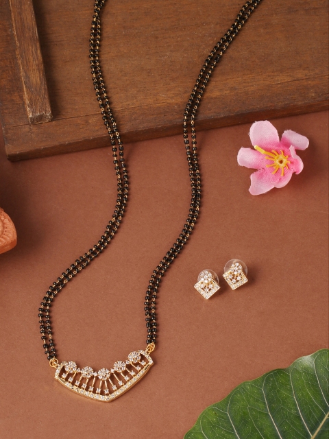 

VIRAASI Gold-Plated Black Beaded Mangalsurta & Earrings Set