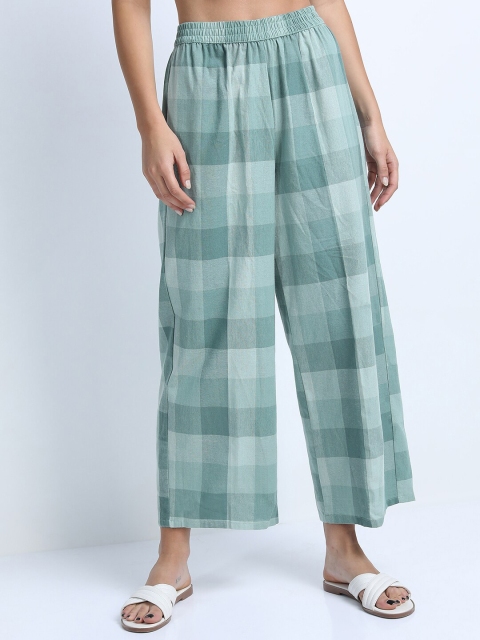 

Vishudh Women Turquoise Blue Checked Cotton Ethnic Palazzos