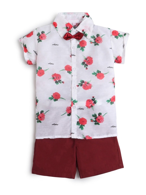 

Hopscotch Boys White & Maroon Floral Printed Pure Cotton Shirt with Shorts