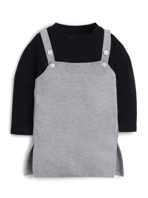 

Hopscotch Girls Grey & Black Solid Pure Cotton Pinafore Dress with T-Shirt