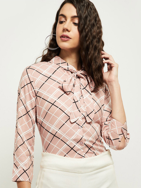 

max Pink Checked Tie-Up Neck Top