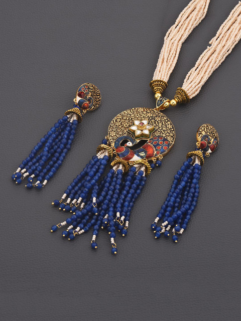 

Tistabene Women Gold-Plated Blue & Off-White Peacock Enamelled Beaded Necklace Set