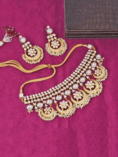 

Tistabene Gold-Plated & White Traditional Kundan Polki and Pearls Necklace Set