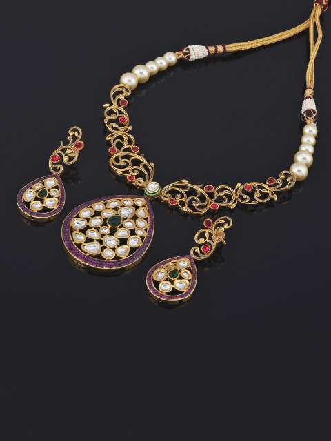 

Tistabene Red Kundan Polki Colored Stones Fusion Designer Necklace Set