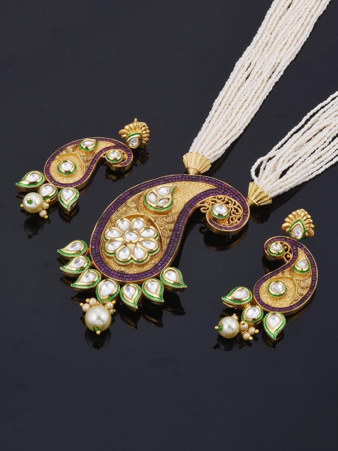 

Tistabene Gold Toned Kundan Colored Stones & Pearls Fusion Designer Necklace Set